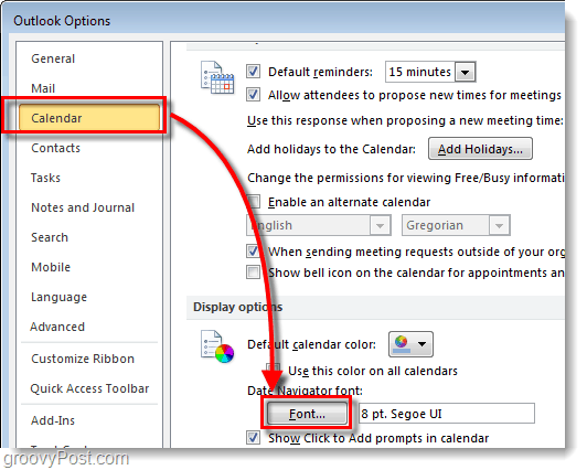 Ohjeet Outlook 2010 -kalenterin päivämääränavigaattorin vaihtamiseen