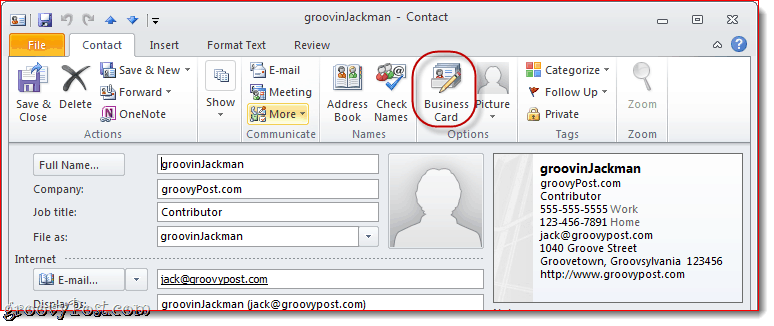 Muokkaa käyntikorttia Outlook 2010: ssä