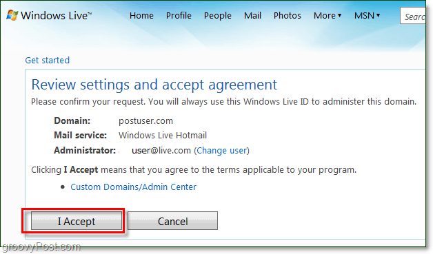 tarkista ja hyväksy Windows Live -verkkotunnuksen sähköposti-ehdot