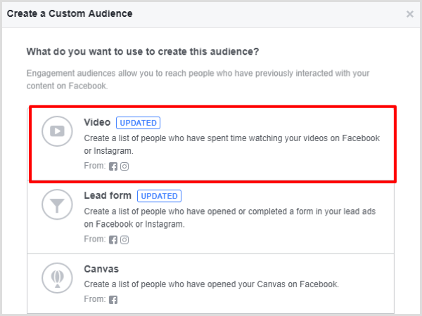 Valitse Video sitoutuminen -vaihtoehto mukautetulle Facebook-yleisöllesi.
