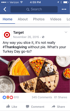 Tämä Targetin kiitospäivän viesti näkyy hyvin sekä työpöydällä että mobiilissa.