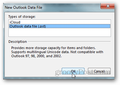 Kuinka luoda pst-tiedosto Outlook 2013: lle - napsauta Outlook Data-tiedostoa