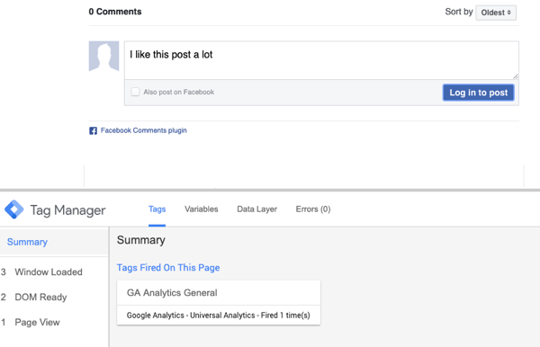 Käytä Google Tag Manageria Facebookin kanssa, vaihe 23, esikatsele kommentti ja yhteenveto valittuna Facebook-tagista