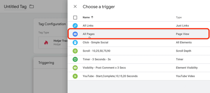 uusi google tag manager -tagi, jossa on valittu liipaisimen valikkovaihtoehdot, joissa on useita huomioituja, kuten napsautus - yksinkertainen sosiaalinen, vieritys - 10,25,50,75,90, aika - 3 sekuntia - 3x, muun muassa kaikki valitut sivut