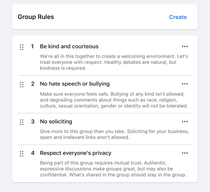 esimerkki facebook-ryhmälle asetetuista säännöistä, kuten olla ystävällinen, ei vihapuhetta, ei pyytämistä jne.