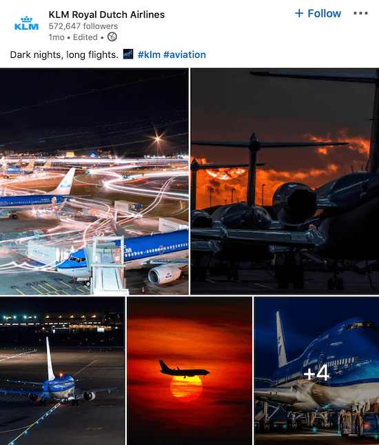 KLM LinkedIn -sivupostaus useille valokuville