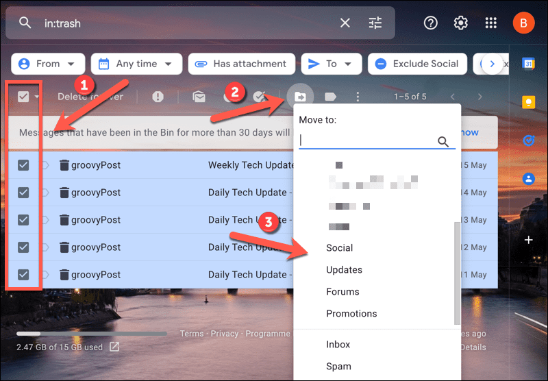 Sähköpostien siirtäminen Gmailin roskakorikansion ulkopuolelle