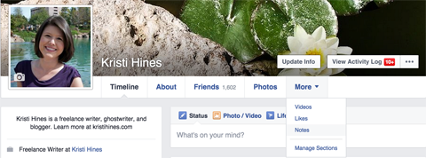 Facebook-profiilin pudotusvalikko, joka näyttää muistiinpanovaihtoehdon