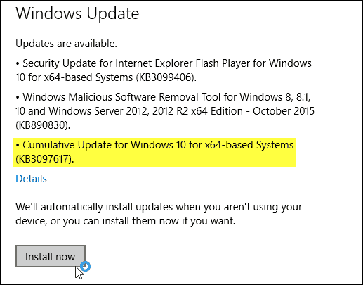 Windows 10 kumulatiivinen päivitys KB3097617 on nyt saatavana
