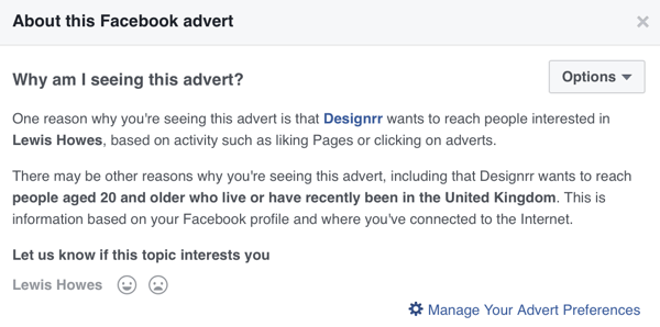 Facebook näyttää yksityiskohtaiset kohdennustiedot Facebook-mainokselle.