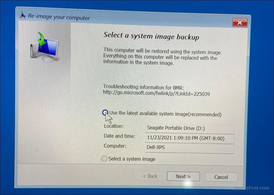 Windows 11:n palauttaminen järjestelmäkuvan varmuuskopion avulla