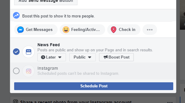 Kuinka lähettää postitus Instagramiin Facebookista työpöydällä, esimerkki ristiviesti Instagramiin -vaihtoehdosta ei ole enää käytettävissä, kun ajoitat Facebook-viestiä