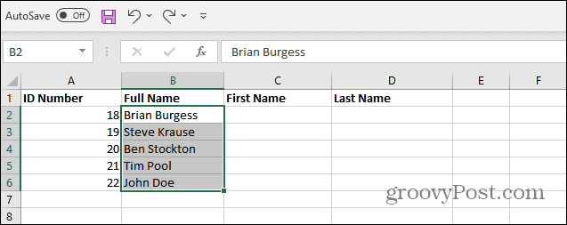 Valitse Nimet luettelosta Excel