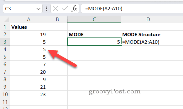 MODE-kaavatulos Excelissä