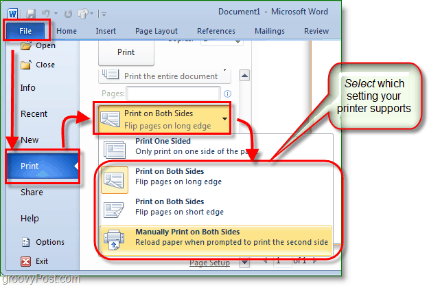 Micosoft Word 2010 -kuvakaappaus säädä tulostusasetuksiasi tulostettavaksi molemmille puolille