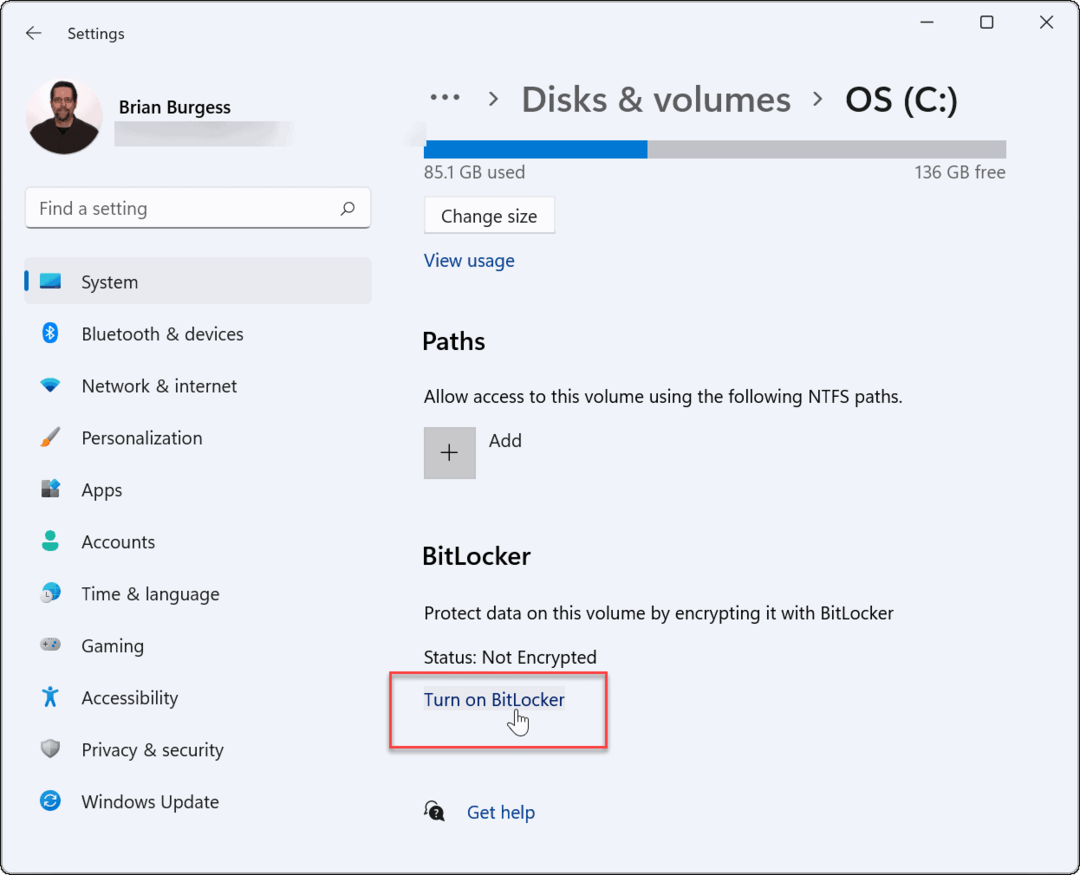 Ota käyttöön bitlocker käyttää bitlocker-salausta Windows 11:ssä