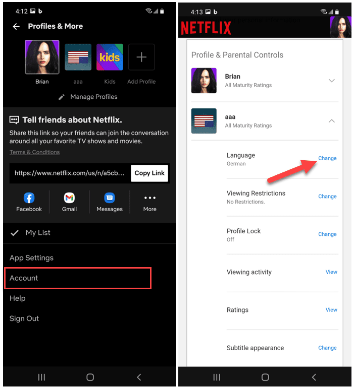Netflix Android App -tili