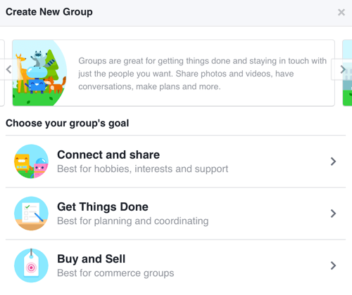 Jos haluat luoda yhteisön rakentamiseen keskittyvän Facebook-ryhmän, valitse Yhdistä ja jaa.