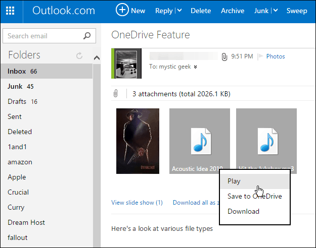 Tallenna Outlook.com-liitteet OneDriveen yhdellä napsautuksella