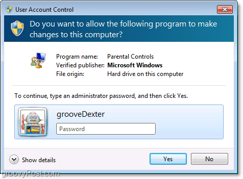 voit ohittaa vanhempien valvonnan uudelleenrajoittamisen Windows 7: ssä antamalla järjestelmänvalvojan salasanan