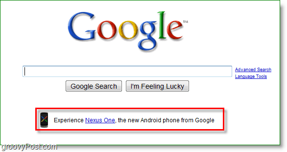 Nexus-mainostetaan Google-etusivulla.