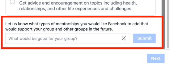 Kuinka parantaa Facebook-ryhmäyhteisöäsi, mahdollisuus ehdottaa ryhmälle mentorointiluokan vaihtoehtoa Facebookille