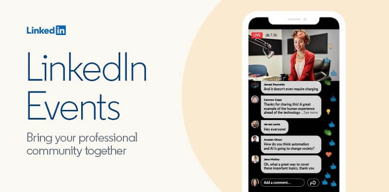 Uusi LinkedIn Virtual Events -työkalu, jonka avulla ihmiset voivat luoda ja lähettää videotapahtumia alustansa kautta.