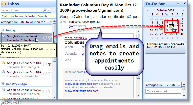 Outlook 2007 -tehtäväpalkki - Vedä sähköposti kalenteriin