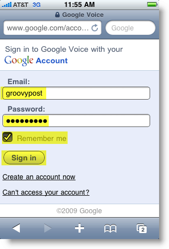 Google Voice Mobile -sisäänkirjautumissivu