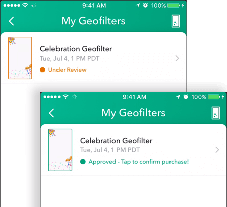 Kun Snapchat-geosuodatin on hyväksytty, sen tila näkyy hyväksytyksi My Geofilters -näytössä.