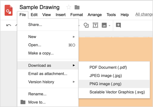 Valitse Tiedosto> Lataa nimellä> PNG-kuva (.png) ladataksesi Google-piirustukset.
