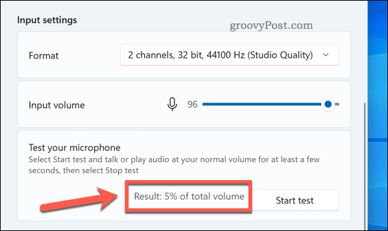 Tulosprosentti Windows 11:n mikrofonin testistä