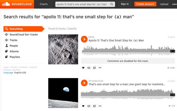 Hae NASAn mediatiedostoista SoundCloudista, jotta voit etsiä ja ladata äänen ikonisista historiallisista hetkistä, kuten ensimmäinen kävely Kuussa.