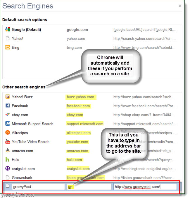 chrome luo automaattisesti muita hakukoneita, mutta voit kirjoittaa oman