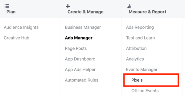 Käytä Google Tag Manageria Facebookin kanssa, vaihe 3, Pixels-valikkovaihtoehto Ads Managerissa