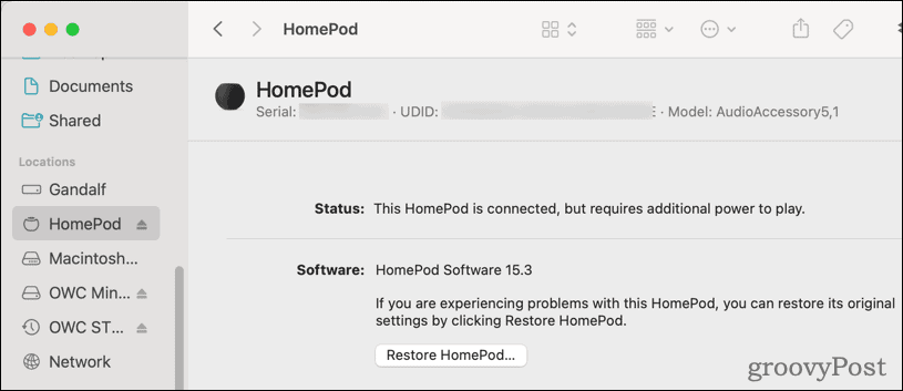 Palauta HomePod macOS: stä