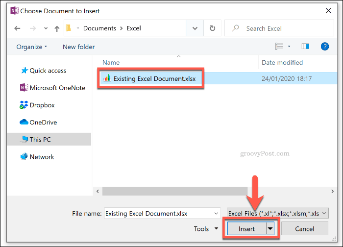 Olemassa olevan Excel-asiakirjan valitseminen lisättäväksi OneNoteen