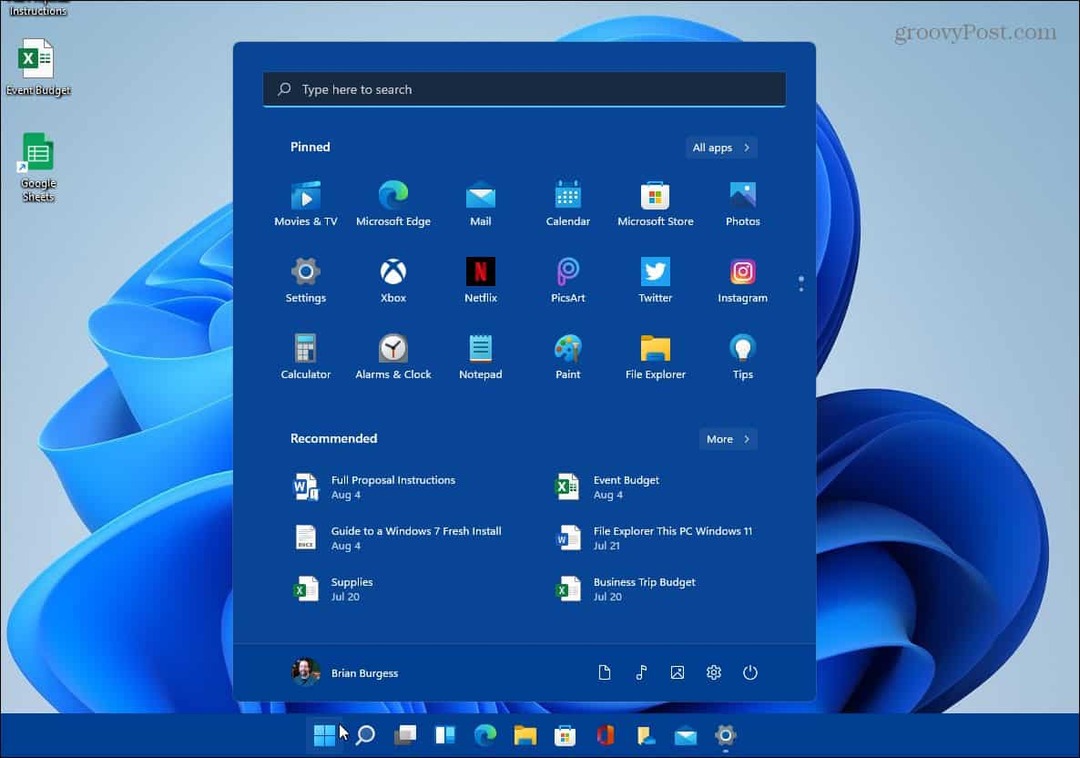 esimerkki värillisen käynnistystehtäväpalkin vaihtamisesta Windows 11
