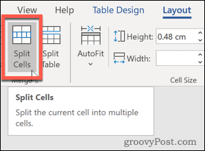 Word Split Cells -painike