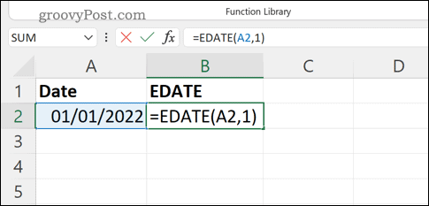 EDATE-kaavan kirjoittaminen Excelin kaavapalkkiin