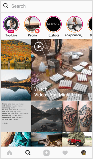 Instagram Live Search and Explore -välilehdellä