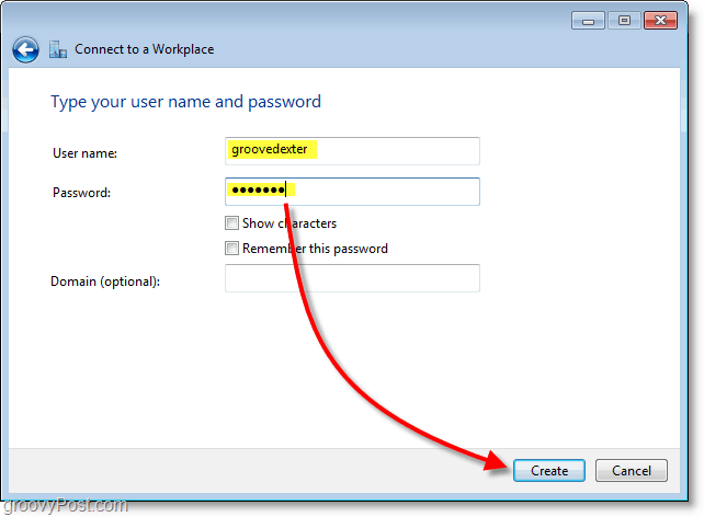 Kirjoita käyttäjänimesi ja salasanasi ja luo yhteys Windows 7: ään