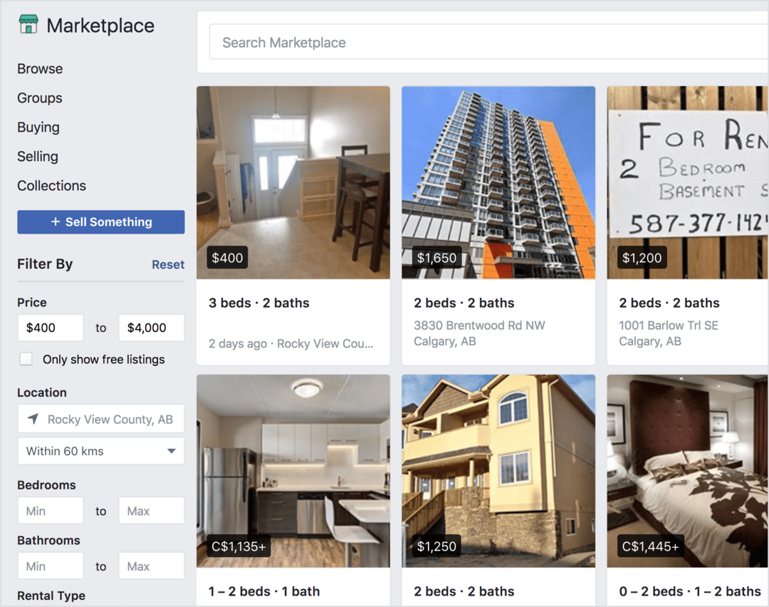 Facebook Marketplace tarjoaa vuokrakohteita myytävänä.