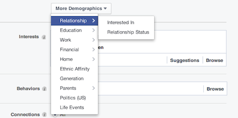 facebook-suhteiden demografiset vaihtoehdot