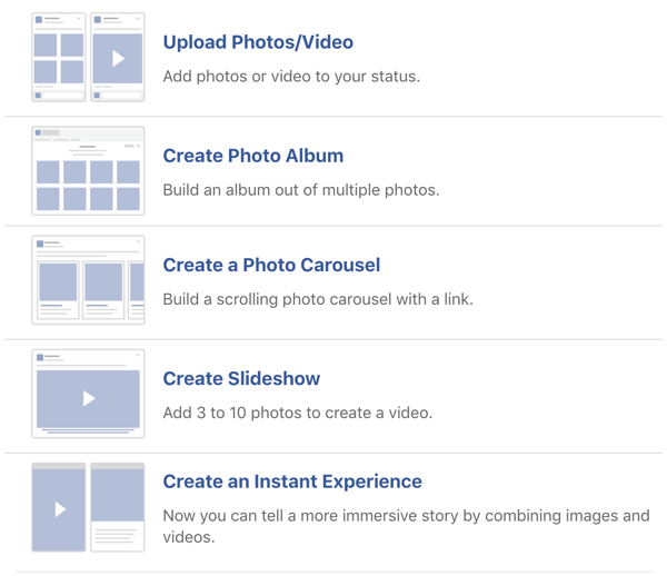 Esimerkki Facebookin kuva- ja videopostivaihtoehdoista.
