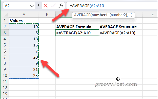 Kaavan luominen käyttämällä AVERAGEa Excelissä
