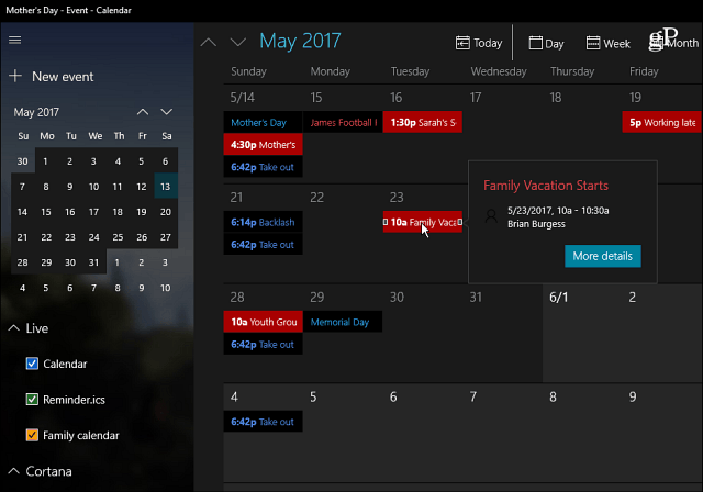 Windows 10 -kalenterisovellus