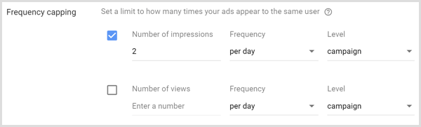 Näyttötiheyden rajoitustiedot Google AdWords -kampanjalle.