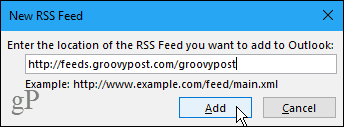 Uusi RSS-syöte-valintaikkuna Outlookissa