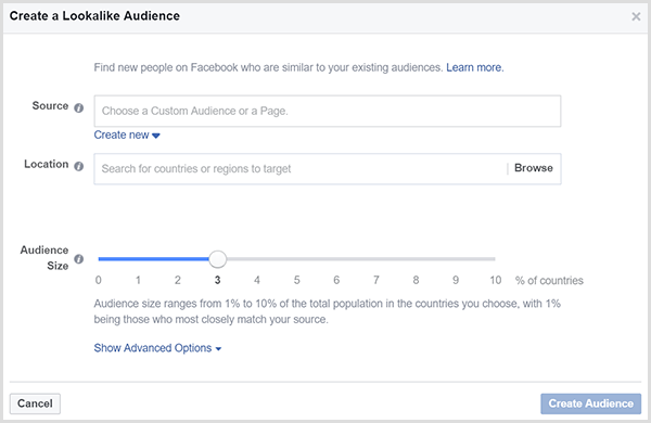 Facebook Luo etsivä yleisö -valintaikkunassa on Yleisön koko -liukusäädin.